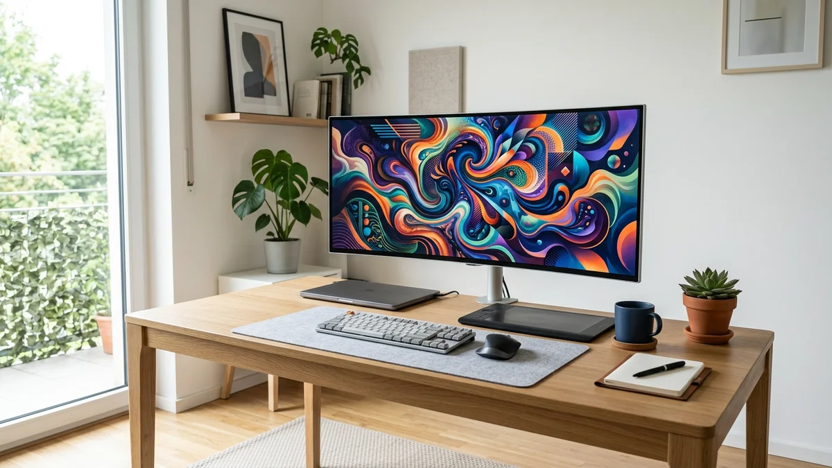 Adobe Fireflyで作成した参考作例（Aスキーム）。ワークスペース構図、柔らかい自然光・明るめの色調・ミニマルなデスク・モニター上の抽象カラーアート。人物なし・ロゴ・文字なし。公式出力・代表結果ではありません。